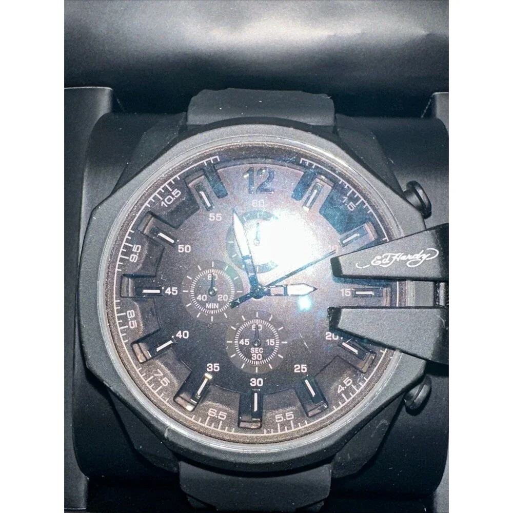 Ed Hardy New In Box Watch Black Matte Silicone Strap Sunray Dial